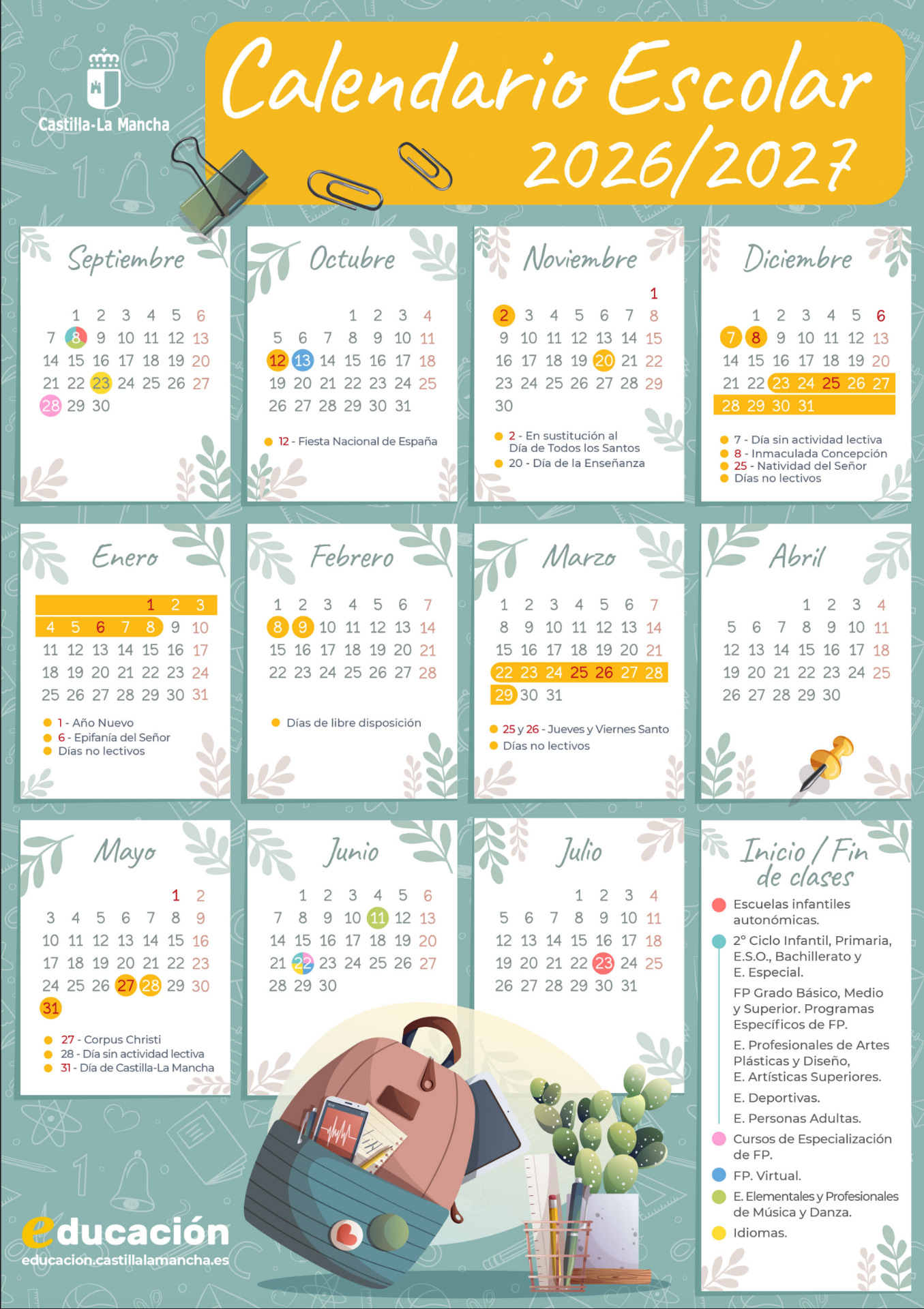 Calendario escolar 2026-2027 de Castilla-La Mancha